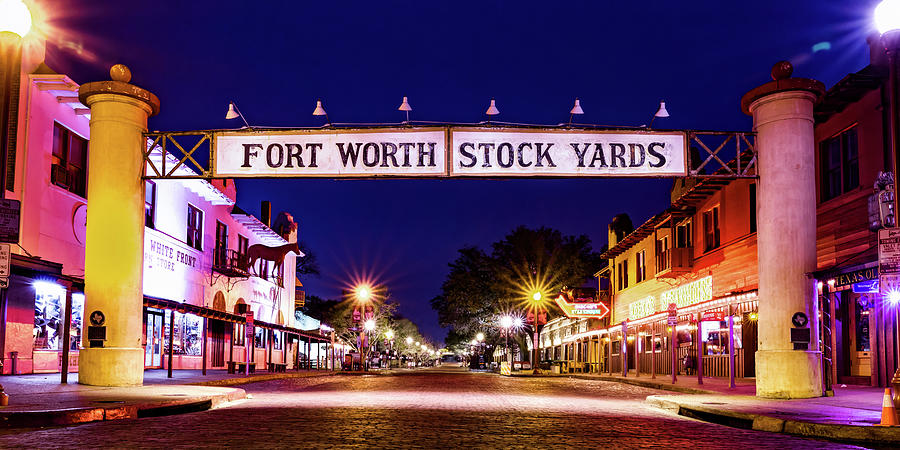Fort Worth Photograph - Fort Worth Stockyards Sign And Skyline Panorama by Gregory Ballos
