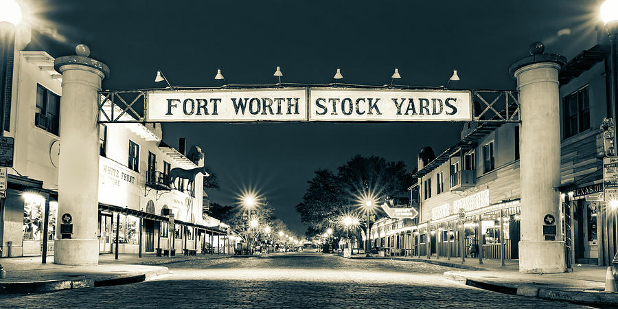 Fort Worth Stockyards Sign And Skyline Panorama - Sepia Edition Photograph by Gregory Ballos