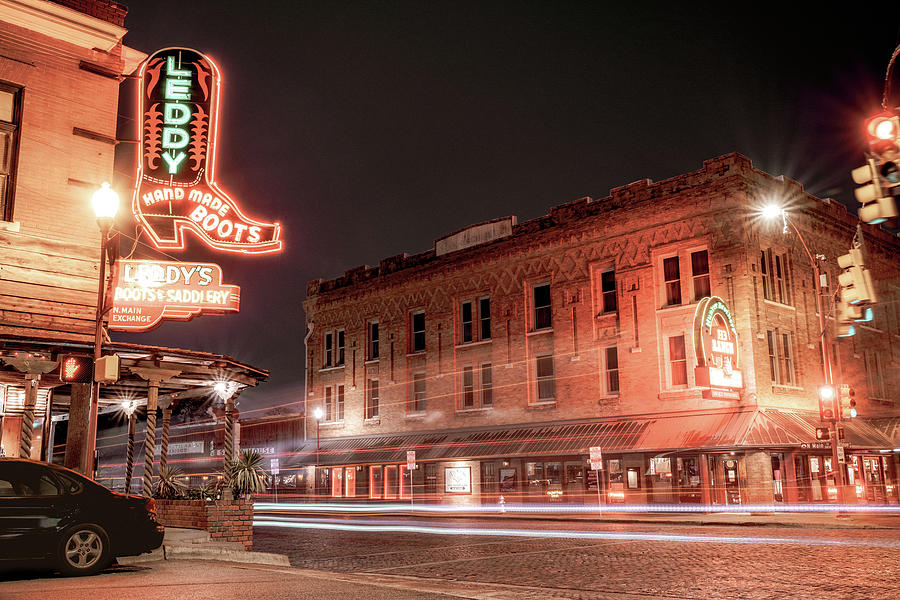 Fort Worth Stockyards Skyline And Leddy Boots Neon - Vintage Color Photograph by Gregory Ballos