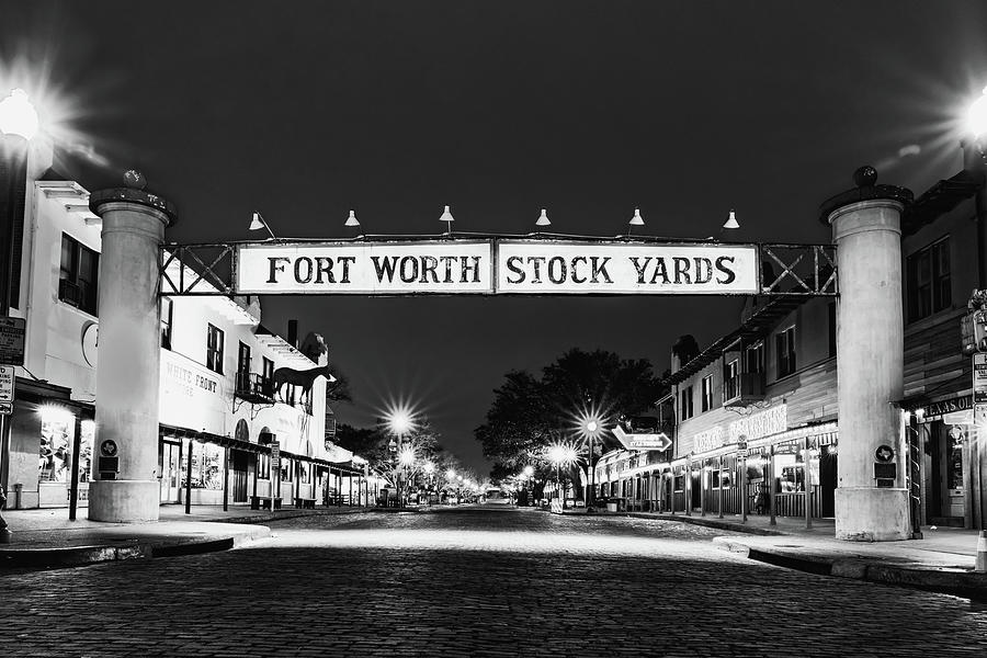 Fort Worth Stockyards Skyline In Black And White Photograph by Gregory Ballos