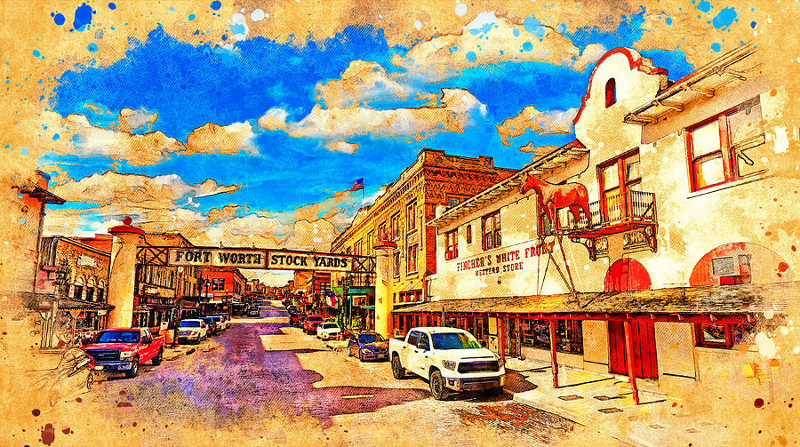 Fort Worth Stockyards with Stockyards Hotel and Finchers White Front - digital painting Digital Art by Nicko Prints