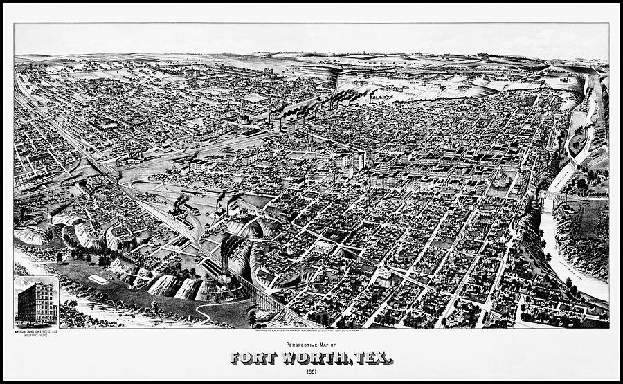 Fort Worth Texas Birds Eye View Vintage Map 1891 Black and White ...