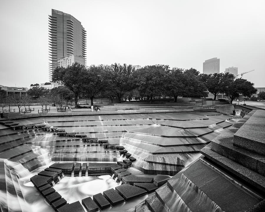 Fort Worth Texas Cityscape Over The Water Gardens - Black and White Photograph by Gregory Ballos