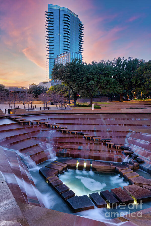 Fort Worth Water Gardens at Twilight Vertical  Photograph by Bee Creek Photography - Tod and Cynthia