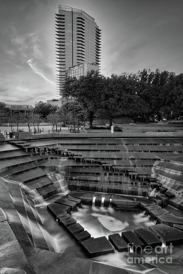 Fort Worth Water Gardens BW Vertical Photograph by Bee Creek Photography - Tod and Cynthia