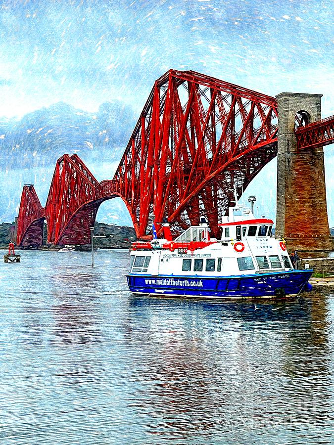 Forth Bridge Queensferry And Maid Of The Forth Tour Boat Digital Art