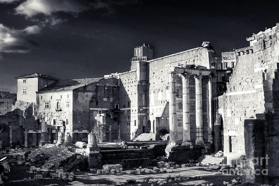 Forum Of Augustus With The Temple Of Mars Ultor Rome Italy - Black And White Photograph