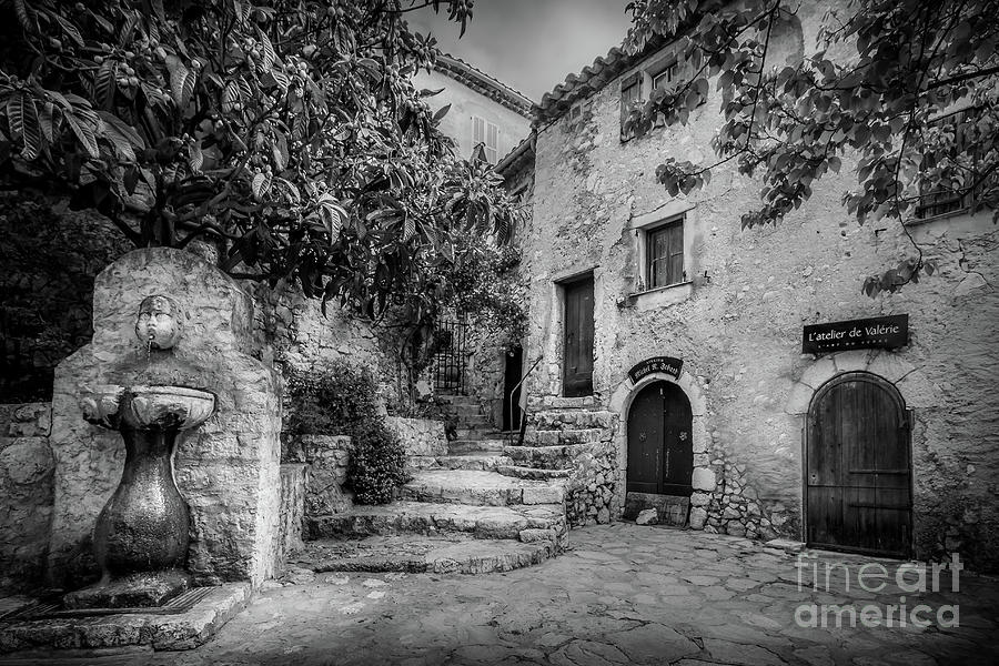Fountain Courtyard In Eze, France 2, Blk White Photograph by Liesl Walsh