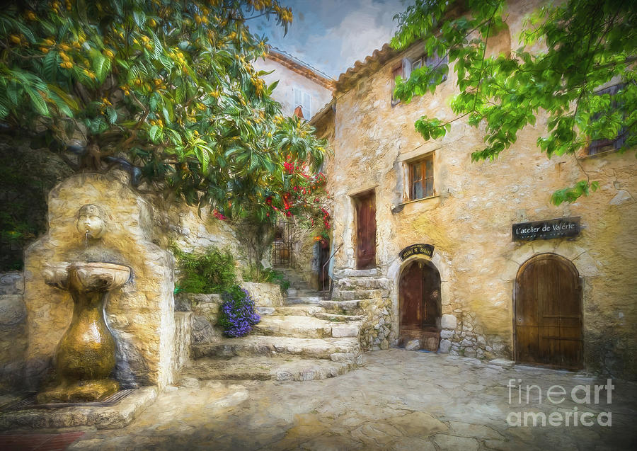 Fountain Courtyard In Eze, France 2, Painterly Photograph by Liesl Walsh