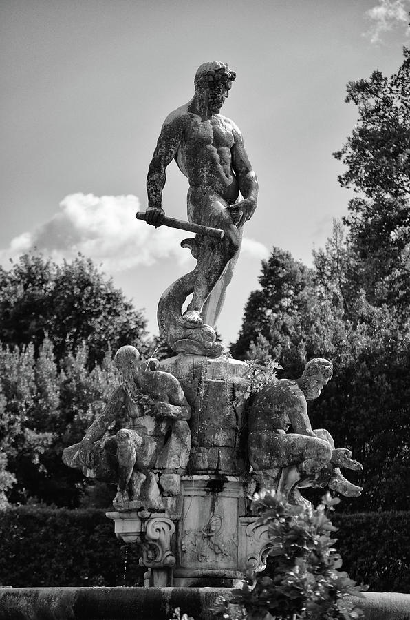 Fountain of the Ocean by Giambologna Boboli Gardens Florence Italy Black and White Photograph by Shawn OBrien
