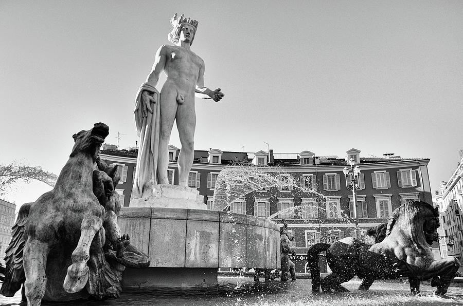 Fountain of the Sun Fontaine du Soleil Place Massena Nice France Black and White Photograph by Shawn OBrien