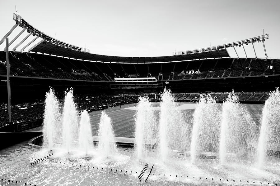 Fountain Symphony - A Monochrome Ode to Kansas City Baseball In Black And White Photograph by Gregory Ballos