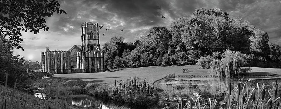 Sacred Stone - Fountains Abbey and  Studley Royal Water Garden black and  white photo Photograph by Paul E Williams