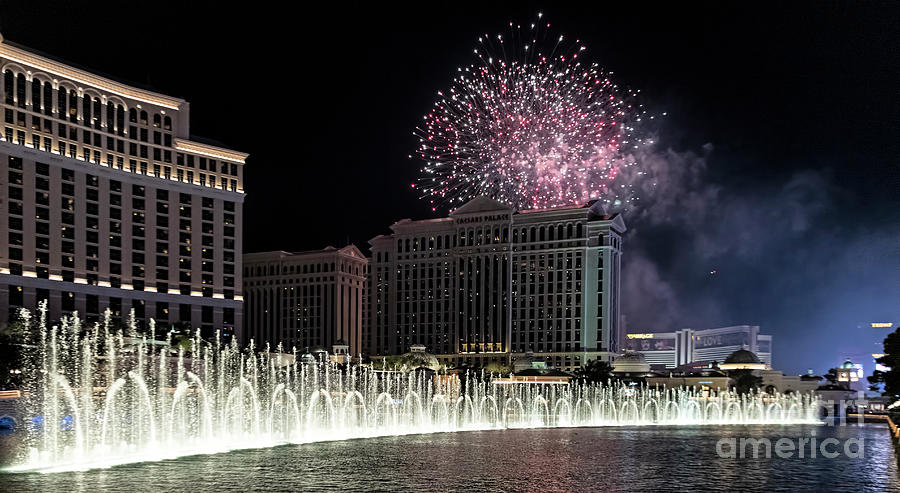 Fountains of Bellagio at Night in Las Vegas Photograph by David Oppenheimer