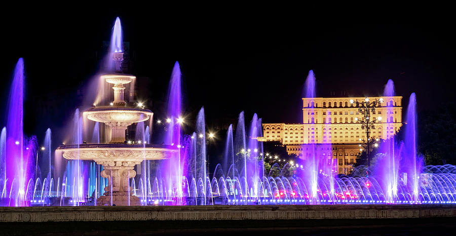 Bucharest Photograph - Fountains of Bucharest and the Place of Parliament at Night - Romania by Barry O Carroll Bucharest Photograph - Fountains of Bucharest and the Place of Parliament at Night - Romania by Barry O Carroll