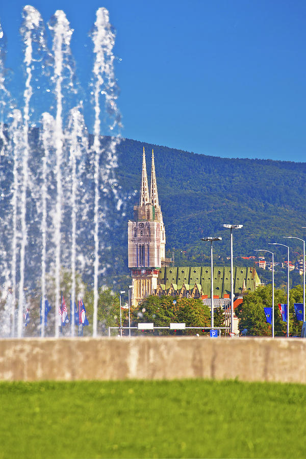 Fountains square and cathedral in capital city of Zagreb vertica Photograph by Brch Photography