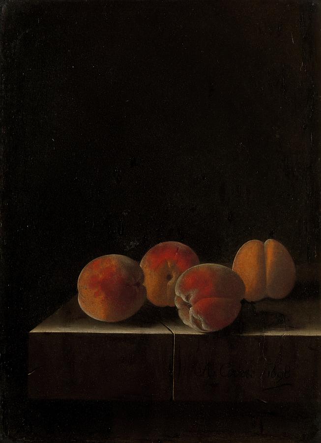 Four Apricots on a Stone Plinth Painting by MotionAge Designs