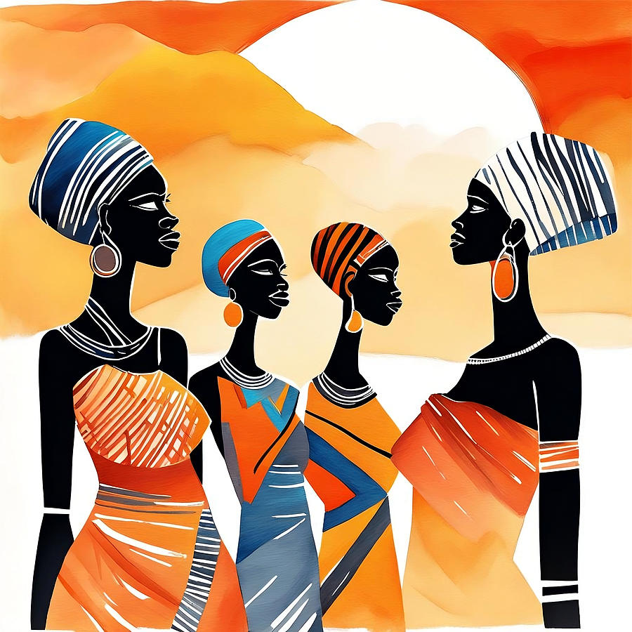 Abstract Painting - Four Beautiful African Friends At Sunset,Aesthetic Abstract Decorative Canvas Print, African by Mounir Khalfouf