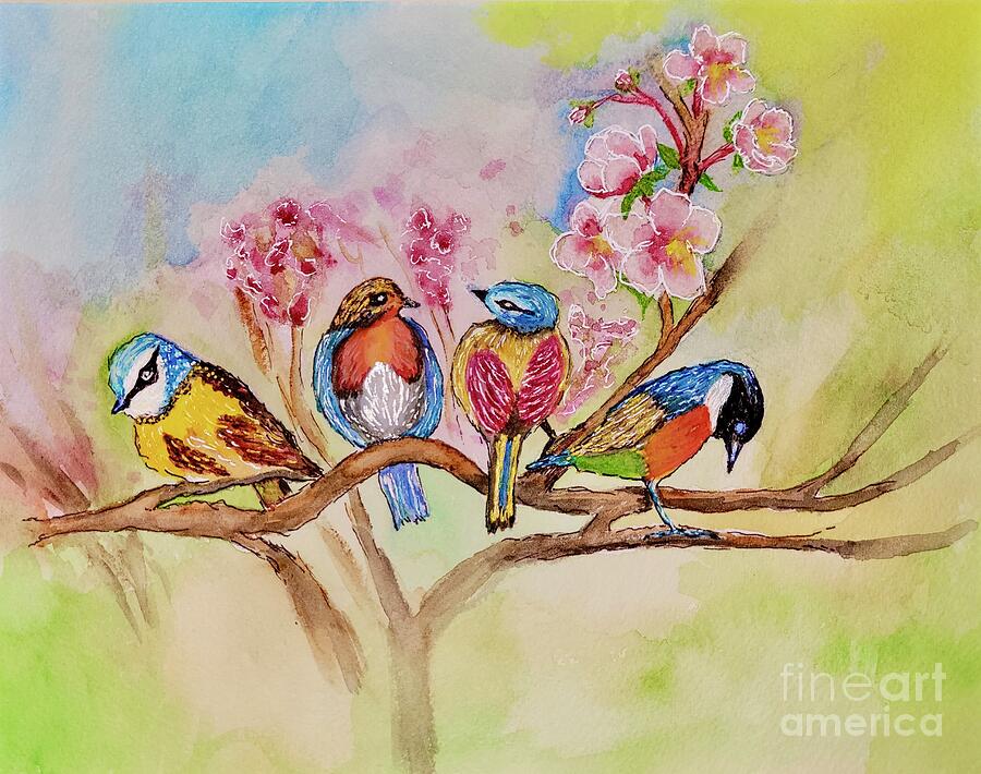 Bird Painting - Four Birds on Branch by Cathy Rutherford