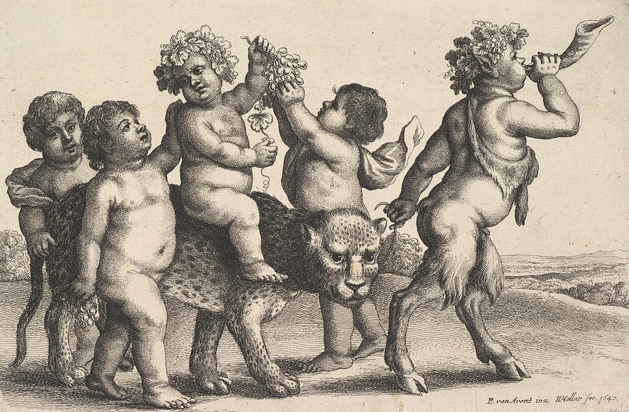 Four Boys, a Young Satyr, and a Leopard Relief by Wenceslaus Hollar