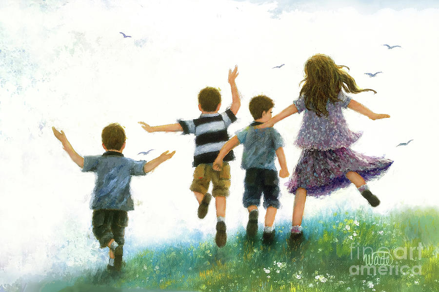 Four Children Leaping big sis Painting by Vickie Wade