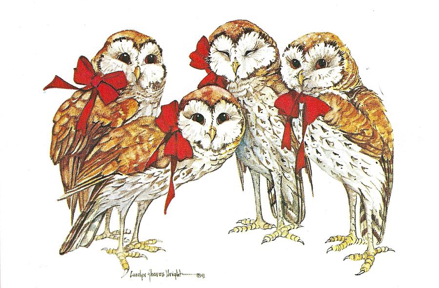 Four Christmas Owls Painting by Carolyn Shores Wright