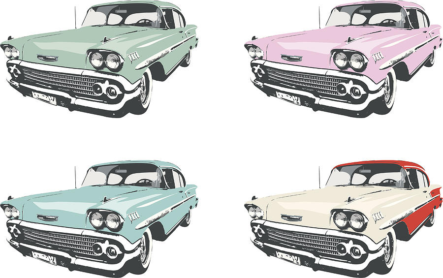 Four Classic Cars Drawing by Kycstudio