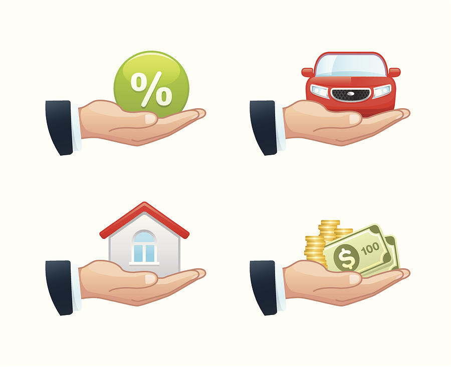 Four clip art illustrations of loan-related considerations Drawing by Lushik