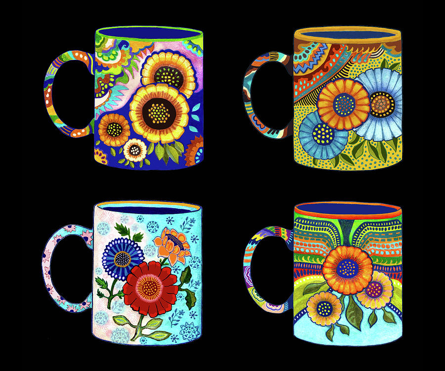 Four Flower Coffee Cups/Mugs, Mexican Style Drawing by Lorena Cassady