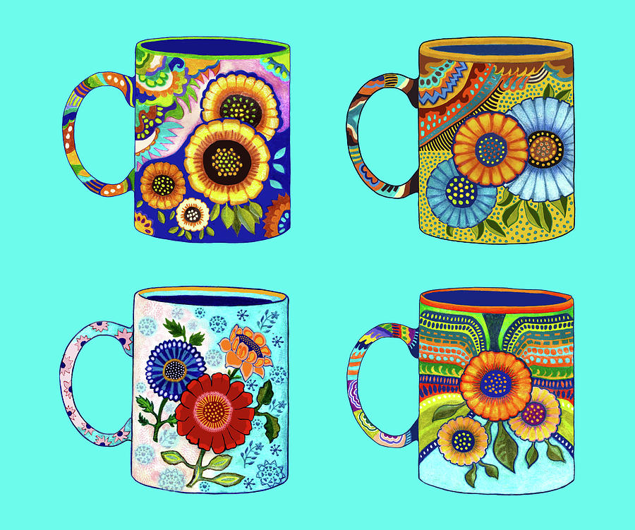 Four Flower Coffee Cups/Mugs, Mexican Style, on Blue Drawing by Lorena Cassady