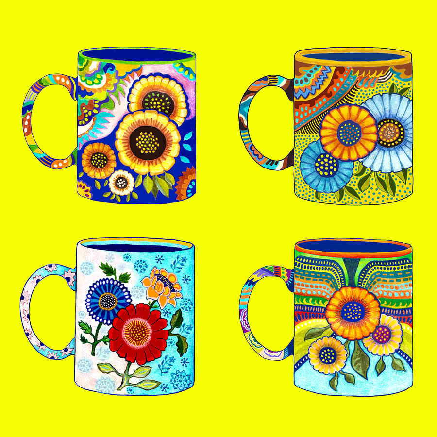 Four Flower Coffee Cups/Mugs on Yellow, Mexican Style Drawing by Lorena Cassady