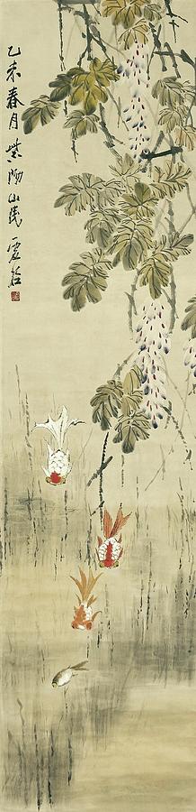 Four goldfish and wisteria branches - Chinese hanging scroll painting Painting by Xu Gu