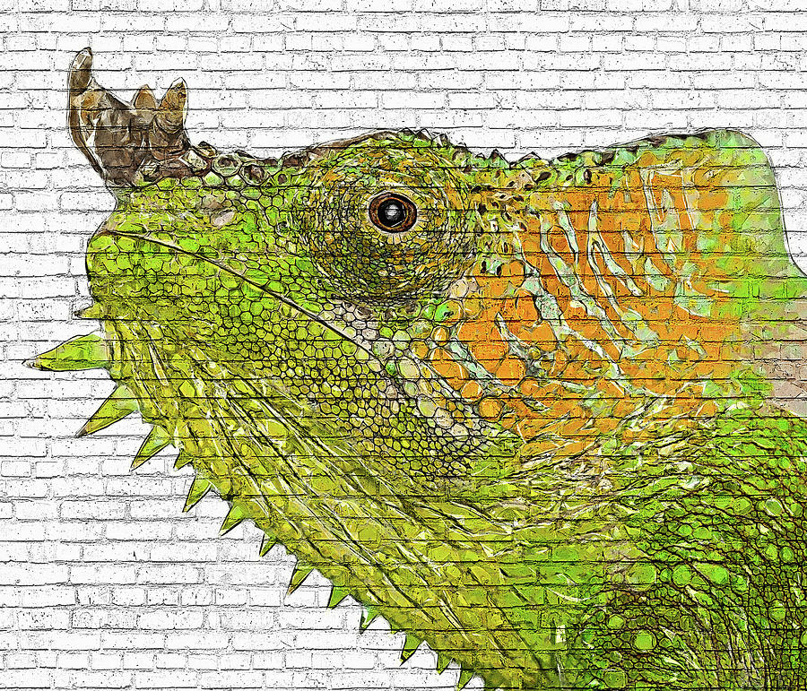 Four Horned Chameleon Face - Brick Block Background Painting by Custom Pet Portrait Art Studio