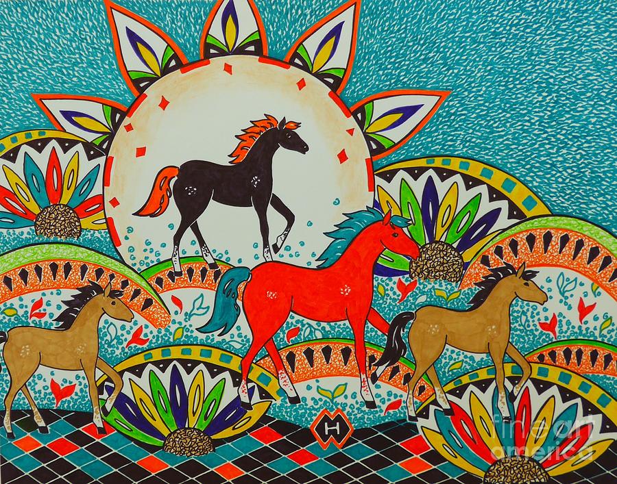 Four Horses in Spring Drawing by Heather McFarlane-Watson