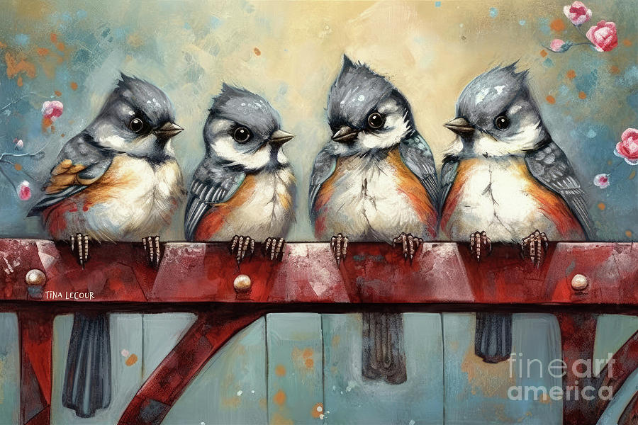 Four Little Titmouse Friends Painting by Tina LeCour