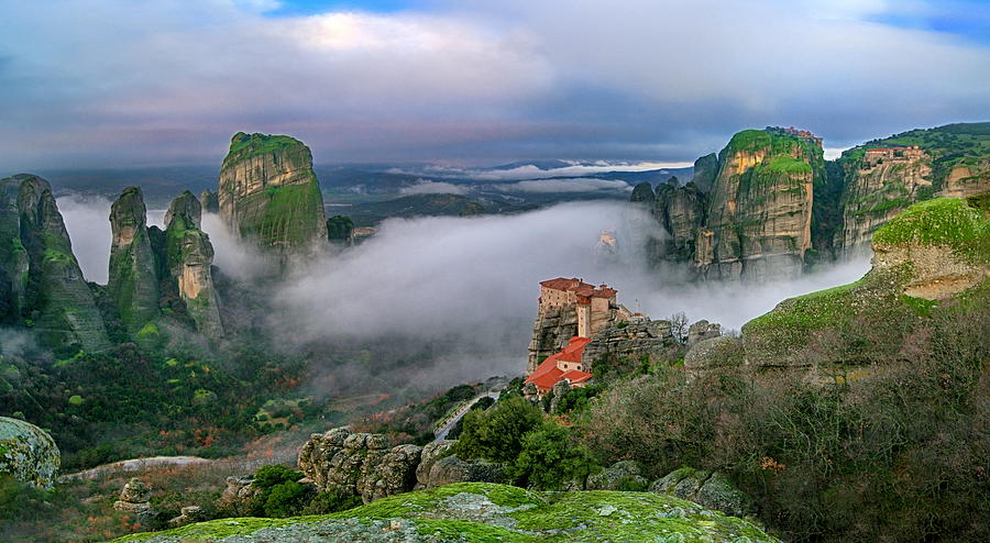 Four Meteora monasteries in mist panorama 2 Photograph by Photo By Dimitrios Tilis