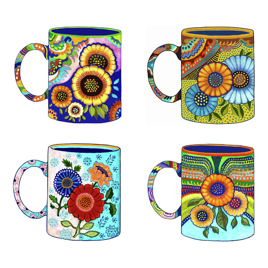 Four Mexican Mugs on White Drawing by Lorena Cassady