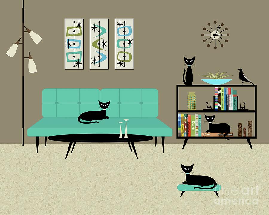 Four Mid Century Cats in Aqua Room Digital Art by Donna Mibus