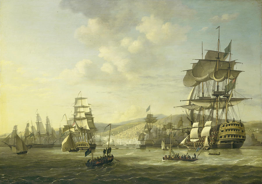 Four moments by the English-Dutch Fleet in the Bay of Algiers, 26-27 August 1816 Painting by Nicolaas Baur