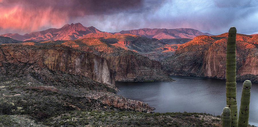 Four Peaks at Sunset over Canyon Lake Photograph by Dave Dilli