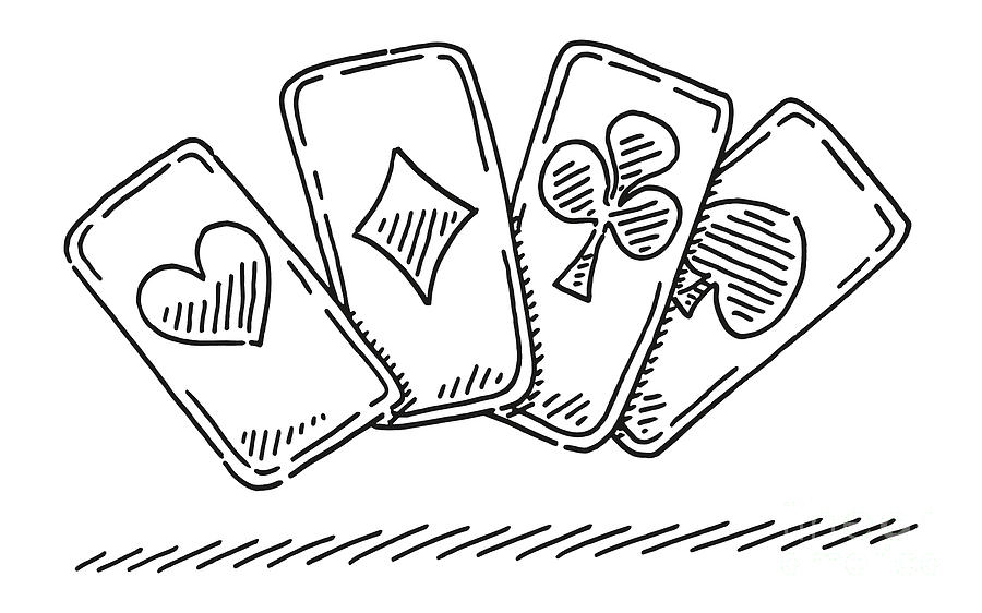 Four Playing Cards Symbol Drawing Drawing by Frank Ramspott