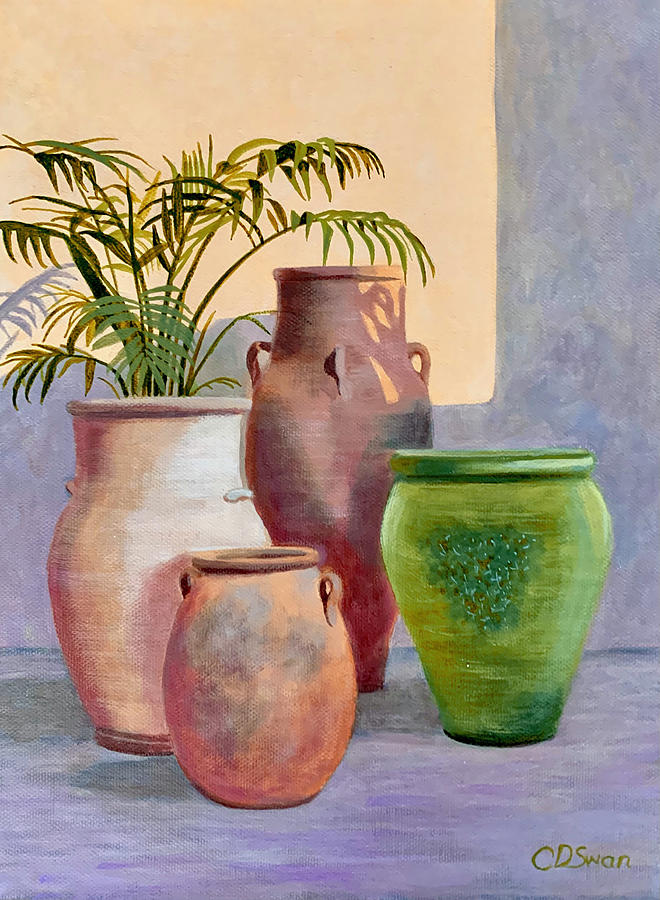 Four Pots in the Shade Painting by Caroline Swan