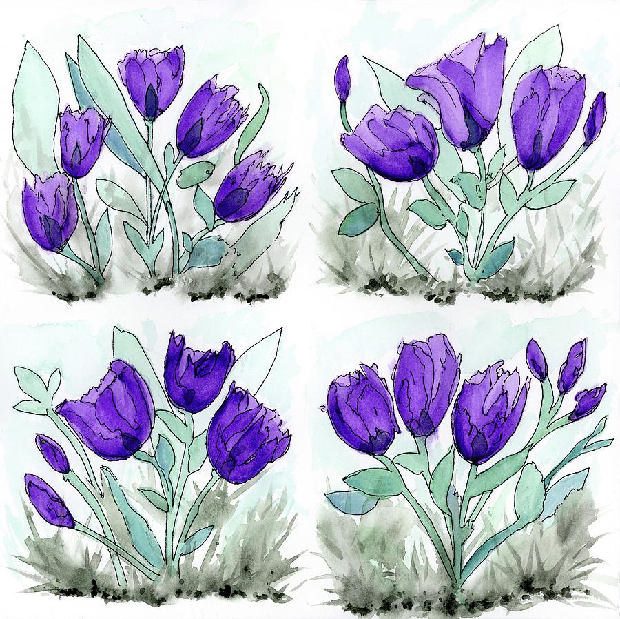 Four Purple Tulip Vinyettes Painting