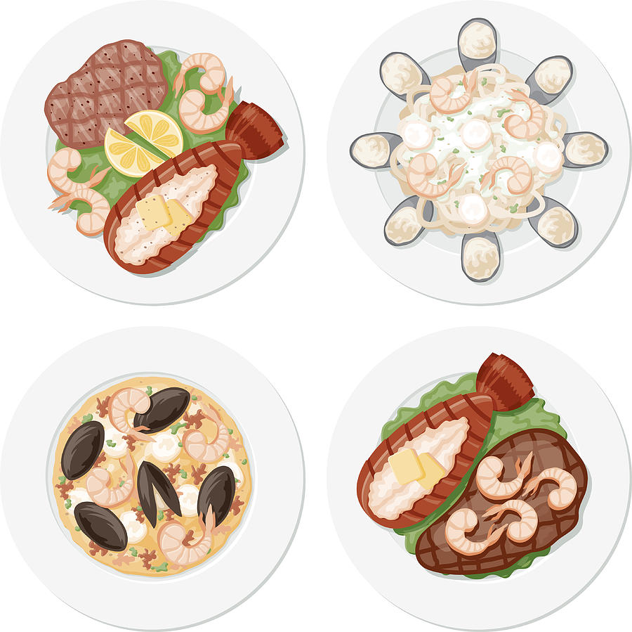 Four Seafood Plates Drawing by Bortonia