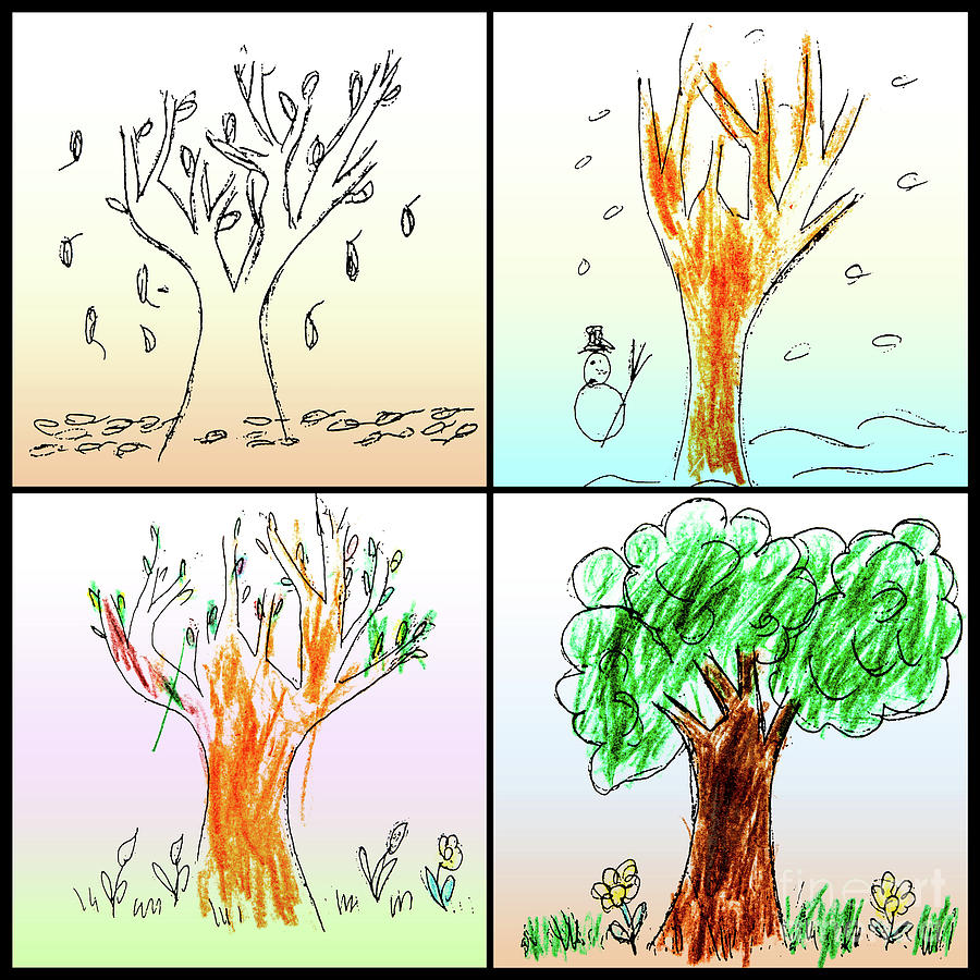 Four seasons seen by child colored Drawing by Gregory DUBUS