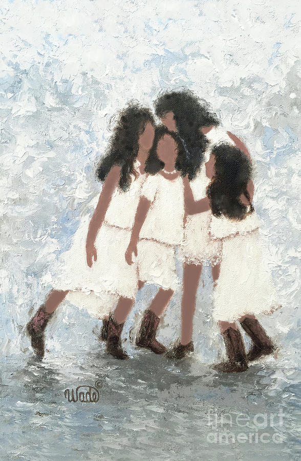 Four Girls Painting - Four Sisters Hugging by Vickie Wade