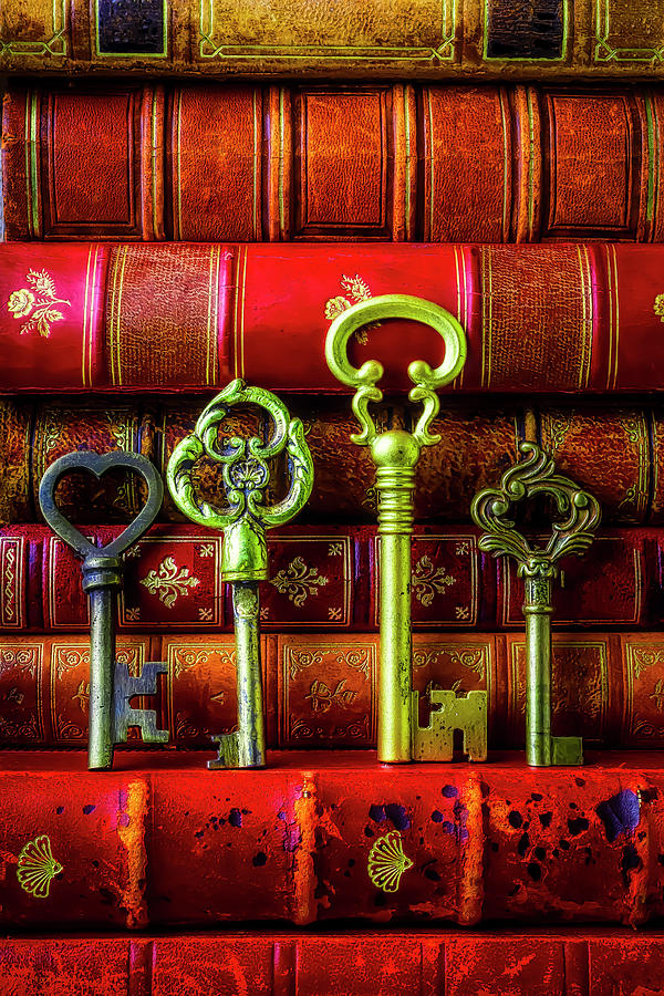 Four Skeleton Keys And Old Books Photograph by Garry Gay