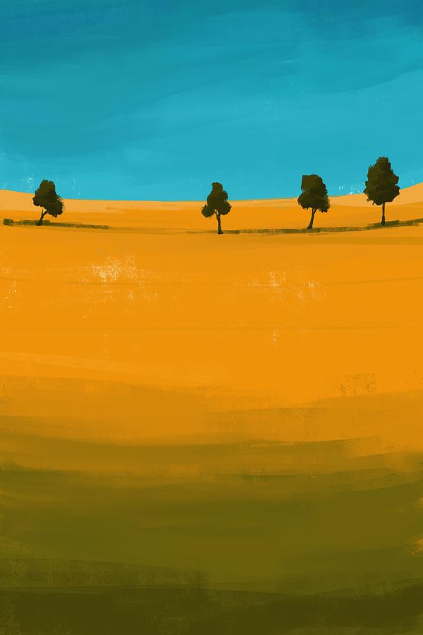 Four Trees On A Meadow - Minimal Landscape Painting - Colorful, Poetic Abstract Mixed Media