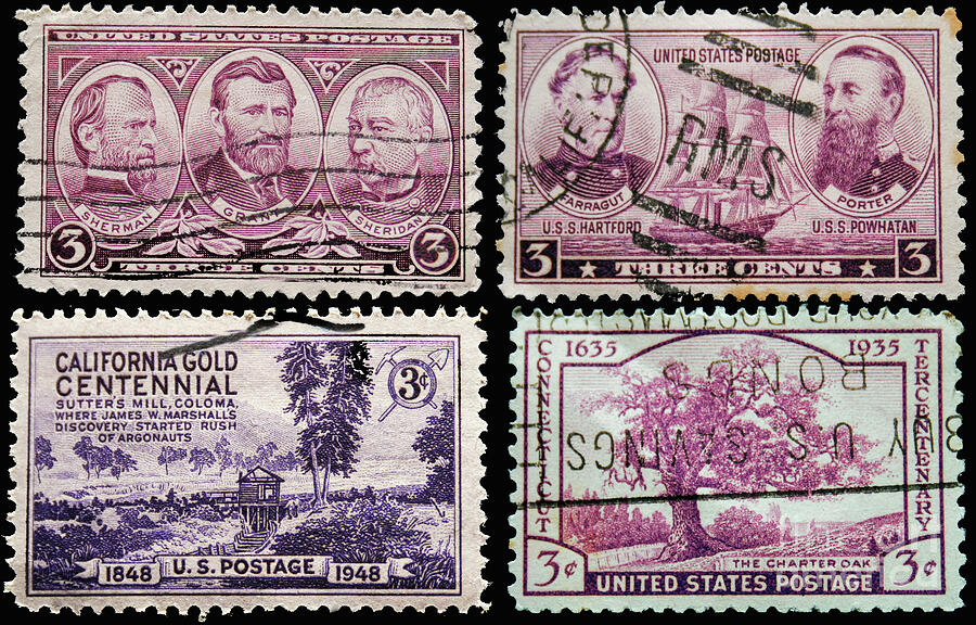 Four vintage US postage stamps from the 1930's and 1940's Wood