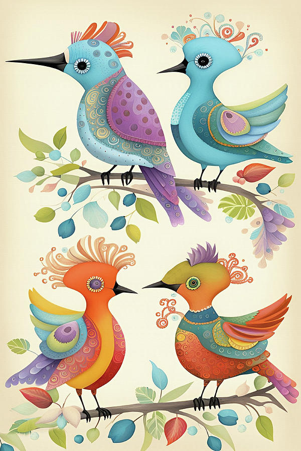Four Whimsical Birds Digital Art by David Dehner